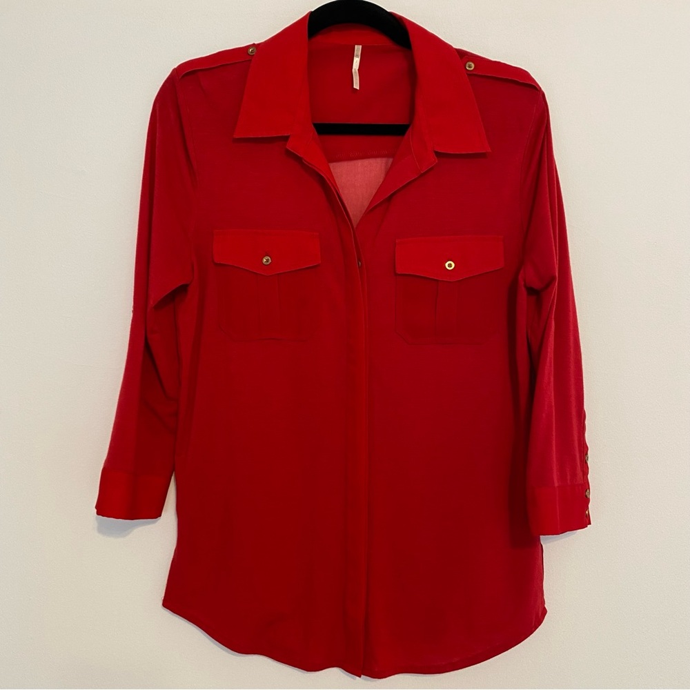 Nine 1 Eight Red Cropped Sleeve Button Up Blouse